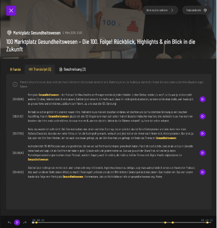 Reputationsmanagement mit Podcast-Daten: Gesundheitswesen: PODMON Tool Ausschnitt: Transkript Ausschnitt