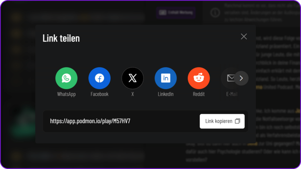 Ein Klick öffnet den Dialog: Kanal wählen oder Link kopieren.