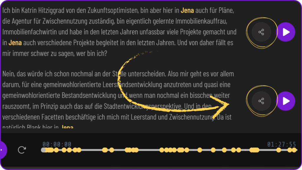 Neben jeder Fundstelle im Transkript sitzt der Teilen-Button.
